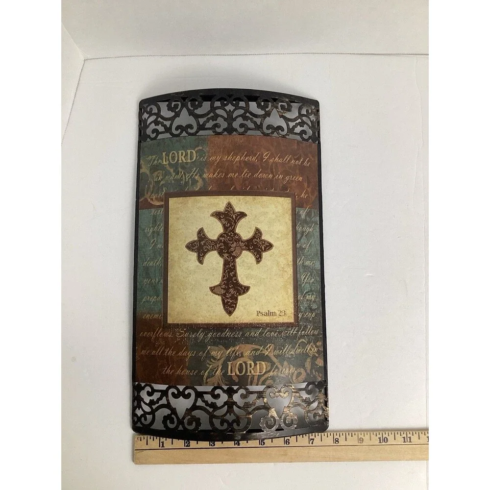 Metal Wall Decor Cross Fleur de Lis Faith Christian Set of 3 Hanging Plaques 14”